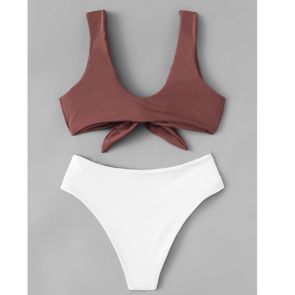 GIGI🌴 dark mauve white knotted bikini swimsuit - Picture 2 of 2
